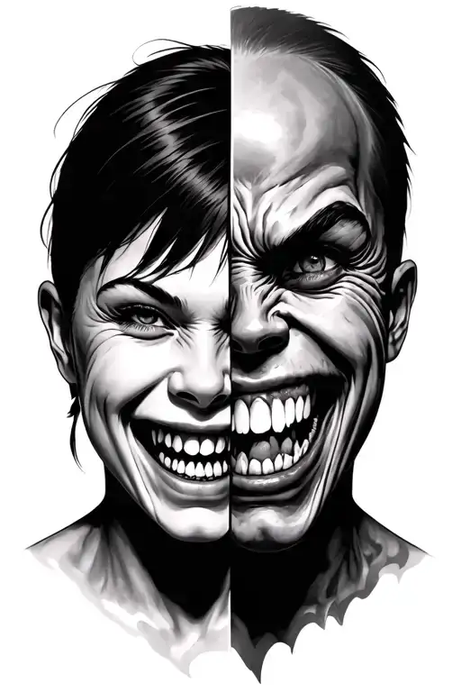 split personality anger and happy tattoo design idea