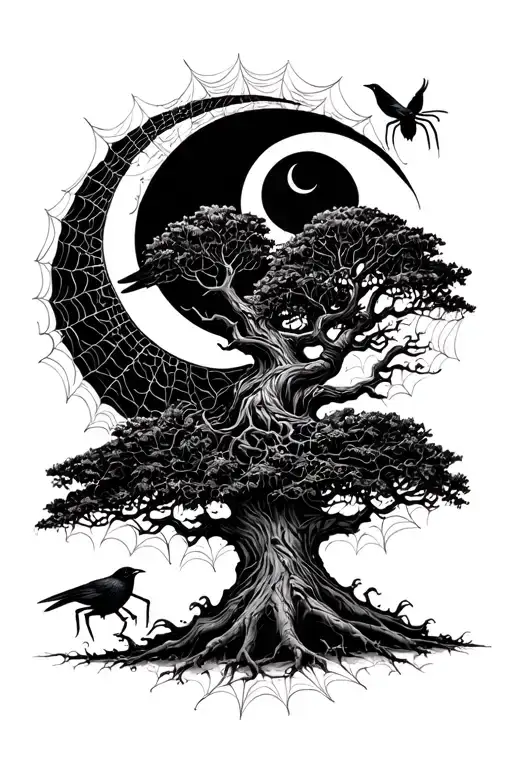 large tree poison tree with spider/spider webs,crescent moon,crow tattoo design idea