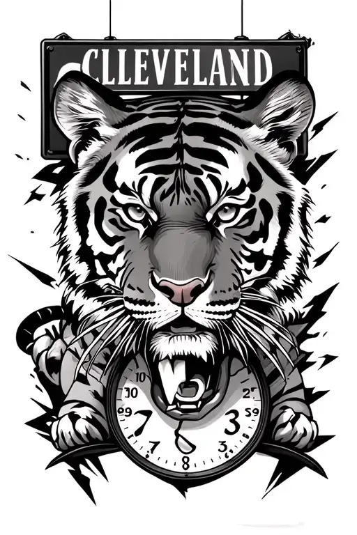 tiger and a clock saying 3:33,  and a street sigh saying Cleveland, and a thunder back ground tattoo design idea