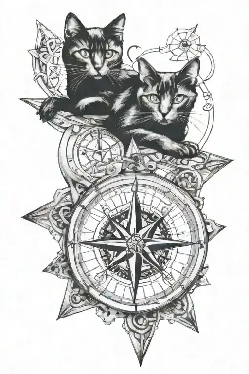 pleiades compass intertwined small black cat tattoo design idea