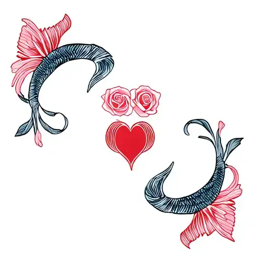 roses with 2 fish to the heart tattoo design idea