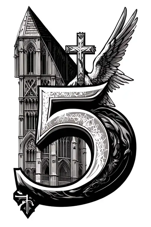 the number 5 with a piece of Notre Dame Cathedral in Paris, Archangel Michael, a Christian cross, a triangle tattoo design idea