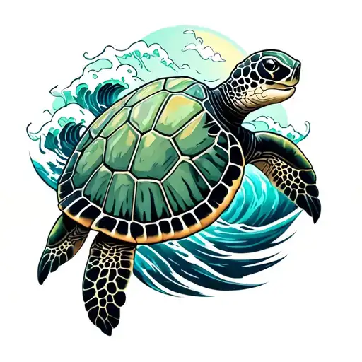 green sea turtle with waves and hanalei bay sleeve in water add island tattoo design idea