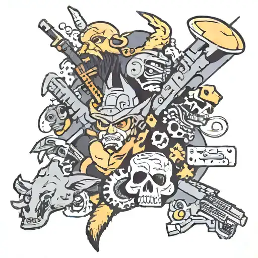 full sleeve tattoo including Buffalo bills, sega genesis and retro video games, drums, hunting, South Park characters  tattoo design idea