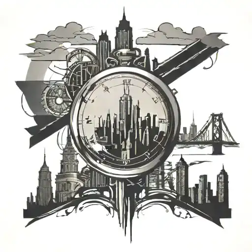 A stylish Brooklyn skyline silhouette with a watch face incorporated into the design tattoo design idea