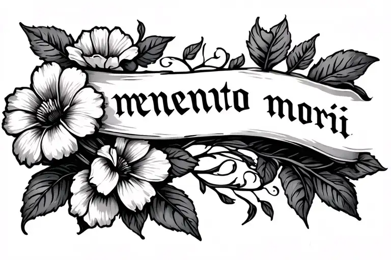 'memento mori' written along chest. with a flower tattoo design idea