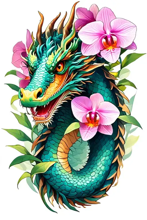 dragon with orchids intertwined tattoo design idea