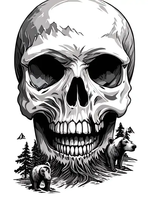 skull and mountains and bears tattoo design idea
