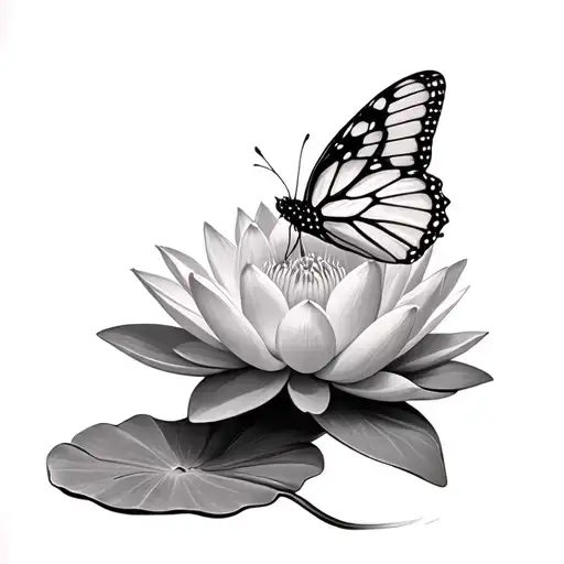 lily pad with butterfly landed on a lotus flower tattoo design idea