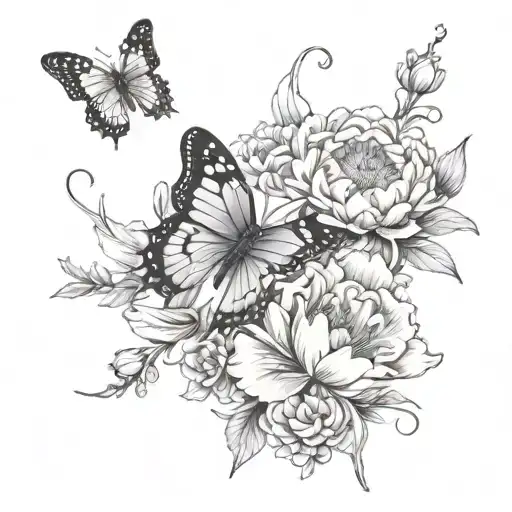 butterfly with narcissus flower coming out of wings, peony flower, morning glory flower, and chrysanthemum flower  tattoo design idea