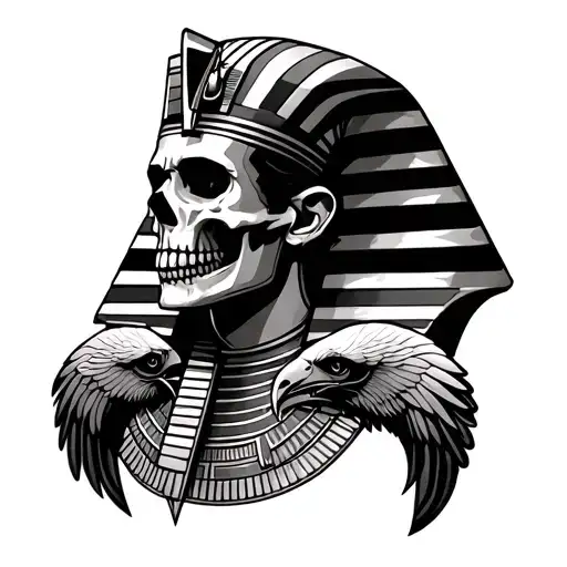 a pharaoh with a skull face holding 2 desert eagle underneath his neck tattoo design idea