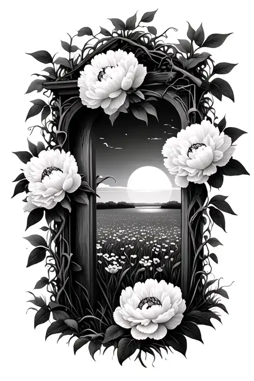 peony portal with vines around it to a flower field at sunset scene tattoo design idea
