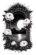 peony portal with vines around it to a flower field at sunset scene tattoo design idea