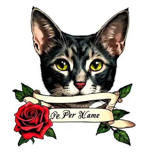 pet face portrait with crossed single roses underneath and per name banner on top of the roses tattoo design idea
