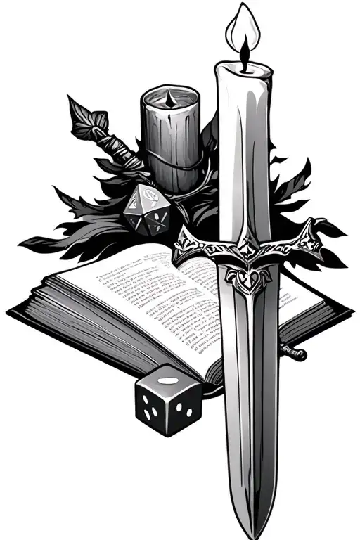 open book with candle, sword and D20 dice tattoo design idea