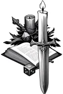 open book with candle, sword and D20 dice tattoo design idea