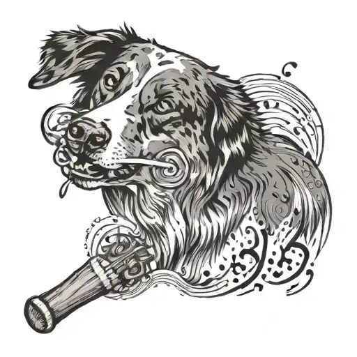 An Australian Shepherd holding a drumstick in its mouth, with waves and musical notes flowing around it tattoo design idea