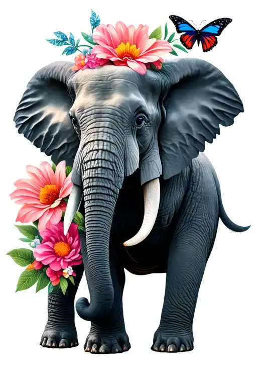 flowers, butterflies, elephant tattoo design idea