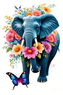 flowers, butterflies, elephant tattoo design idea