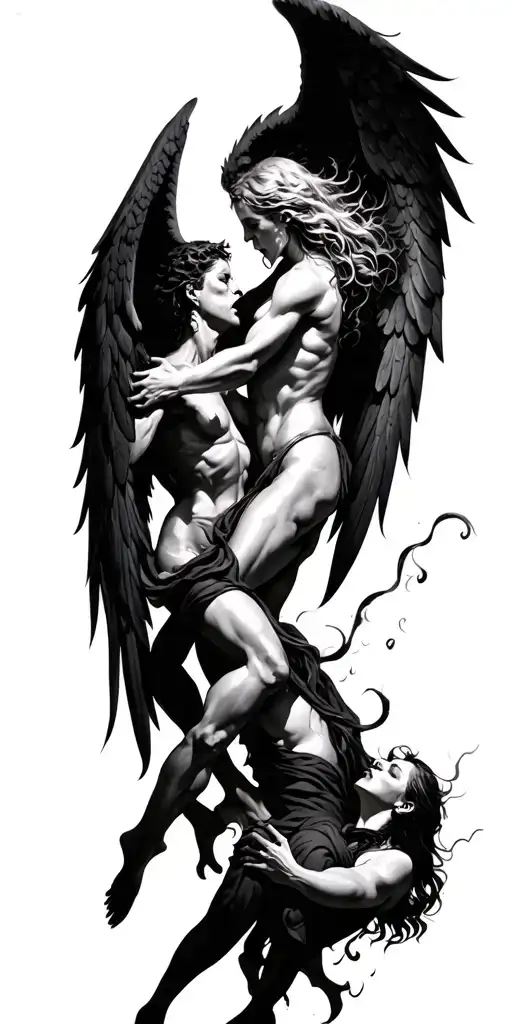 angels and demons fighting through pain to kill each other with lost souls in the background tattoo design idea