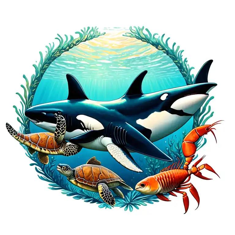 Create a back tattoo for a man, underwater theme featuring orca, hammerhead shark, sea turtle, lobster and tropical fish tattoo design idea