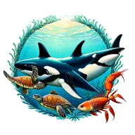 Create a back tattoo for a man, underwater theme featuring orca, hammerhead shark, sea turtle, lobster and tropical fish tattoo design idea