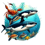 Create a back tattoo for a man, underwater theme featuring orca, hammerhead shark, sea turtle, lobster and tropical fish tattoo design idea