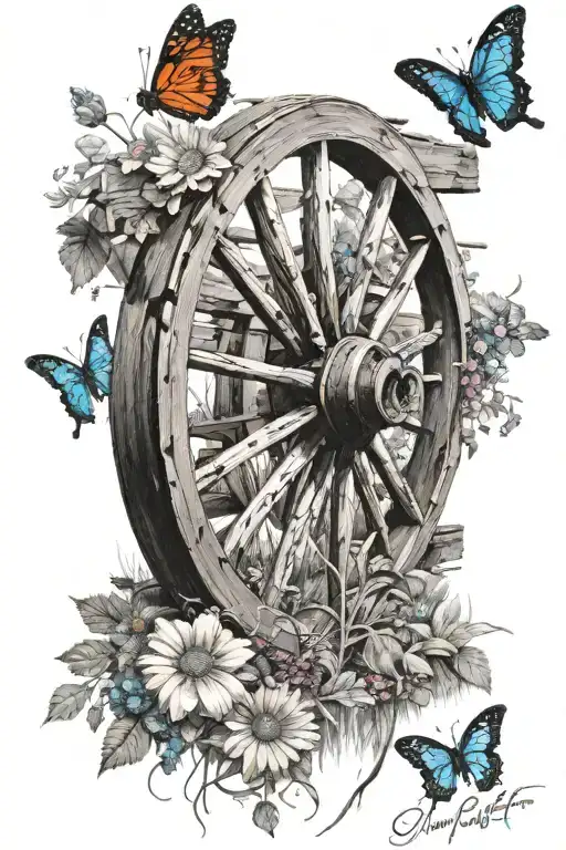 wagon wheel leaning on fence post surrounded by flowers and butterflies  with countryside in background tattoo design idea