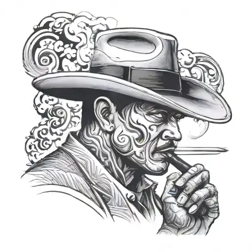 Chicano gangster smoking a cigar with gun smoke in the back ground  tattoo design idea