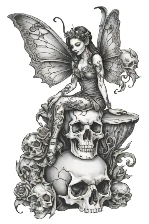 fairy sitting on a skull tattoo design idea