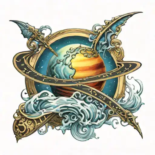 Neptune with its four rings in the shape of a musical score tattoo design idea