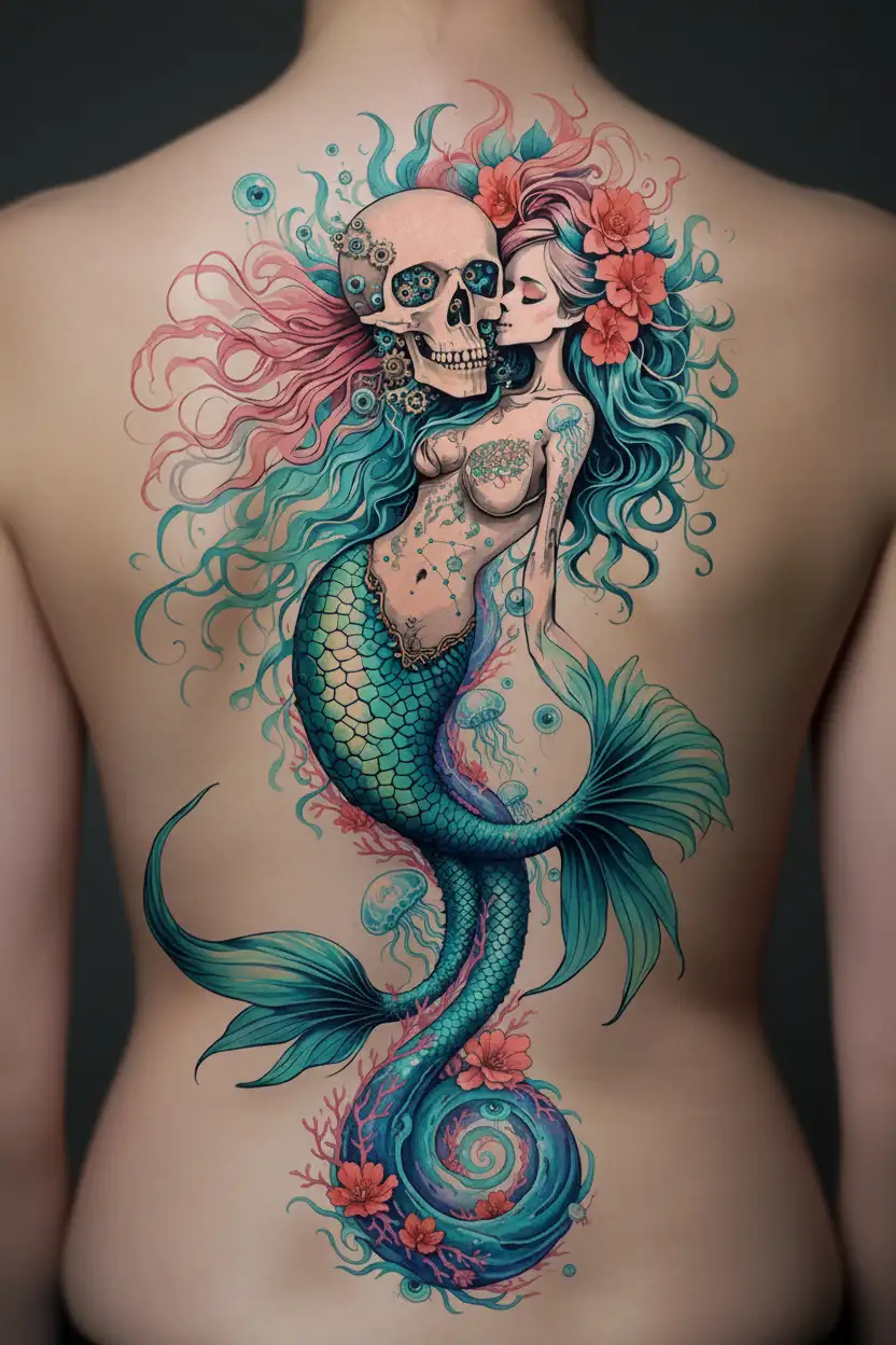 beautiful exotic Skelton mermaid with flowing mermaid tail and hair kissing a skull tattoo design idea