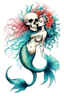 beautiful exotic Skelton mermaid with flowing mermaid tail and hair kissing a skull tattoo design idea