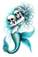 beautiful exotic Skelton mermaid with flowing mermaid tail and hair kissing a skull tattoo design idea