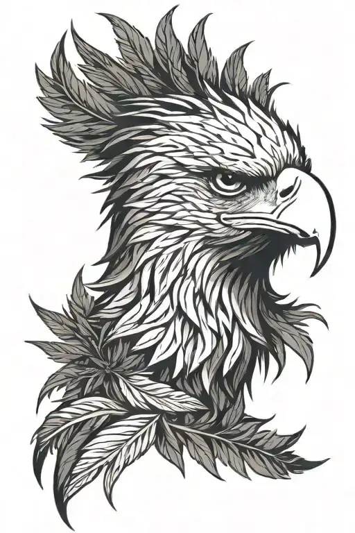 Eagle's head, three-quarter view. Surrounding feathers resemble stylized cannabis leaves, framing the face.   tattoo design idea