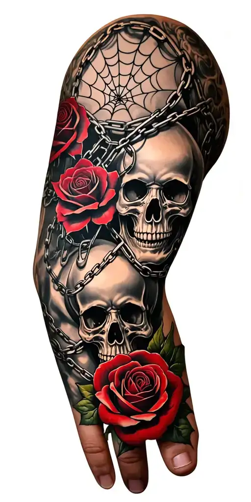spider web on the elbow and the rest of the sleeve covered with chains ,skulls and red roses  tattoo design idea