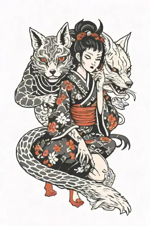 girl with a kitsune and a oni mask tattoo design idea
