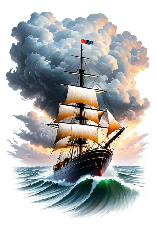 Ship goint through a storm cloud tattoo design idea