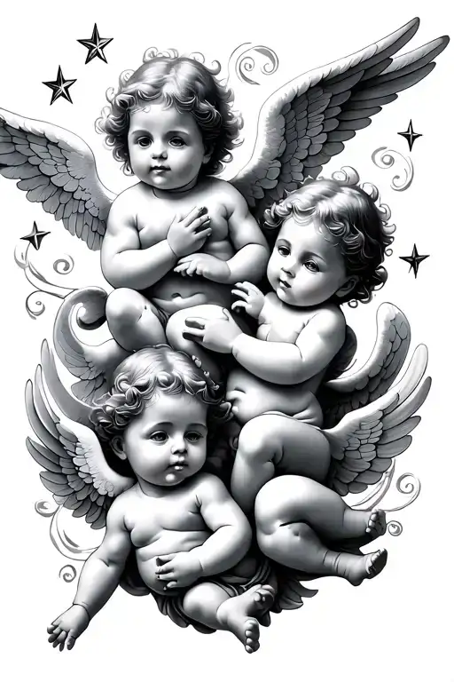 three cherub baby angels flying with stars and swirls tattoo design idea