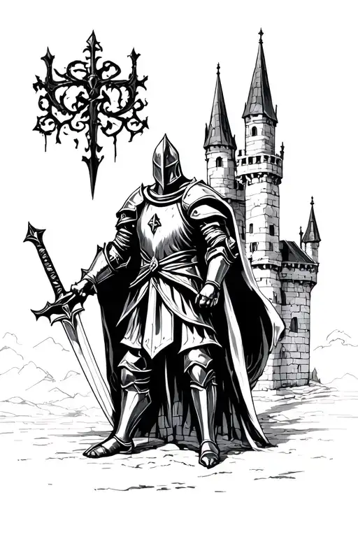 knight holding a sword in front of a gothic castle  tattoo design idea