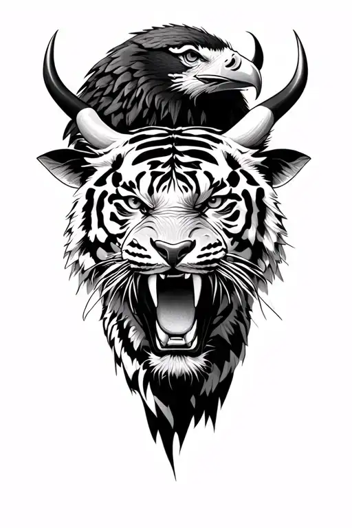 Tiger, eagle and bull, angry but with a strong look tattoo design idea