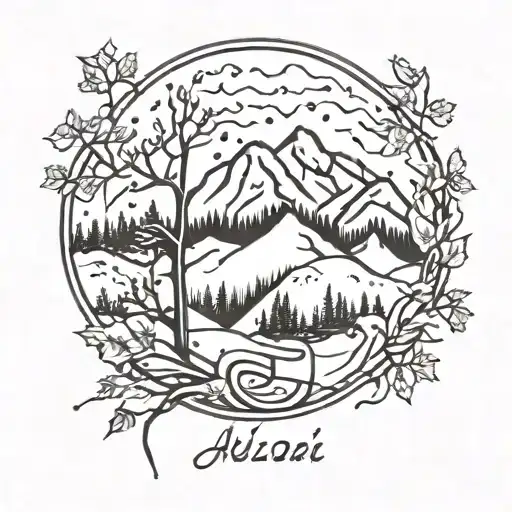 name Azi, below a snow covered mountain, campus connected to mountain. autumn leaves and music notes  tattoo design idea