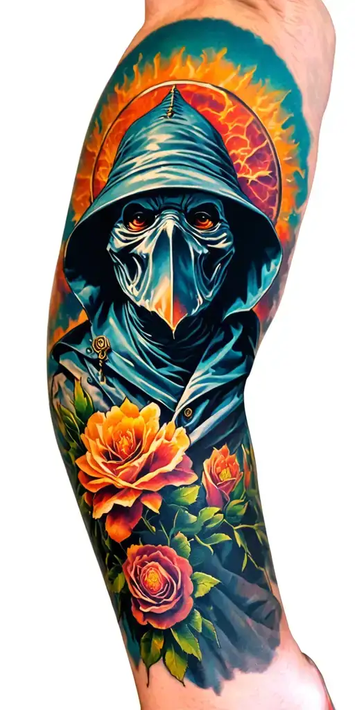 a plague doctor themed sleeve that uses bright colors tattoo design idea