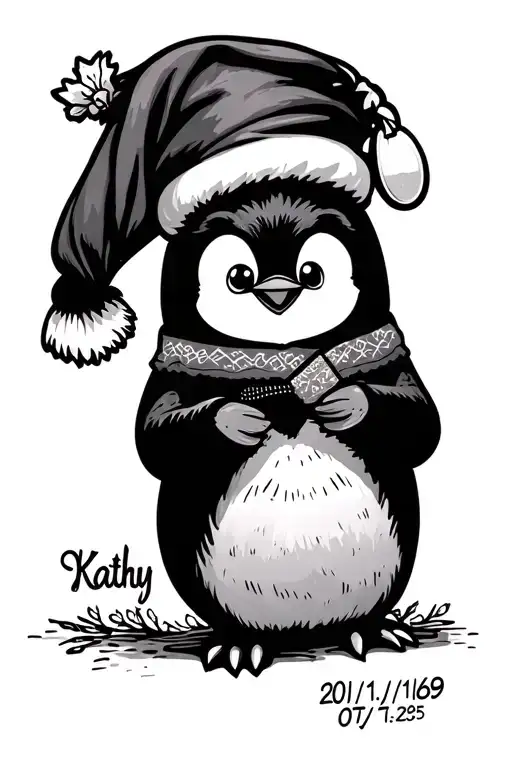 "Kathy 20/11/69-15/07/25" cartoon penguin playing tattoo design idea