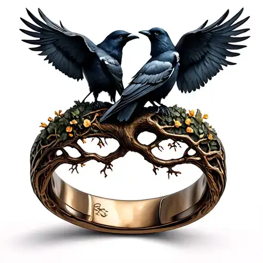 tree of life half dead half alive with crows built into the background of a ring,  tattoo design idea