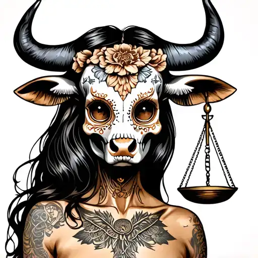 woman body bull with sugar skull markings, brown eyes and two Libra scales with extra dark background tattoo design idea