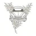 purple cadillac coupe devill with flowers surrounding tattoo design idea