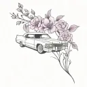 purple cadillac coupe devill with flowers surrounding tattoo design idea