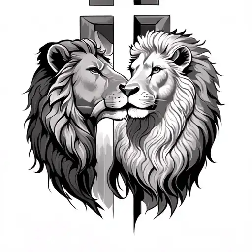 lion and the lamb looking at the cross tattoo design idea