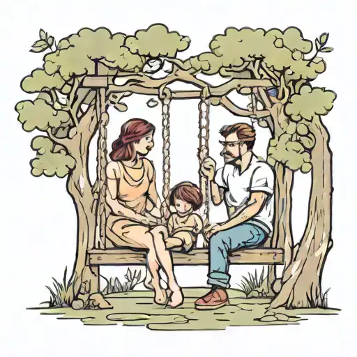 Mother and father and kid on swing set of tree tattoo design idea